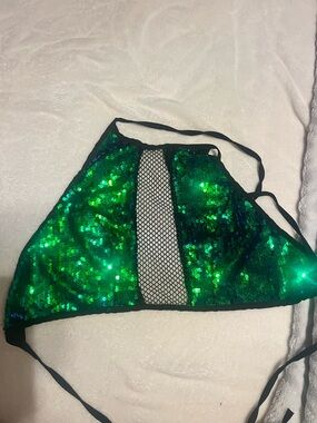 Green Sequin Halter Top with Black Mesh Panel